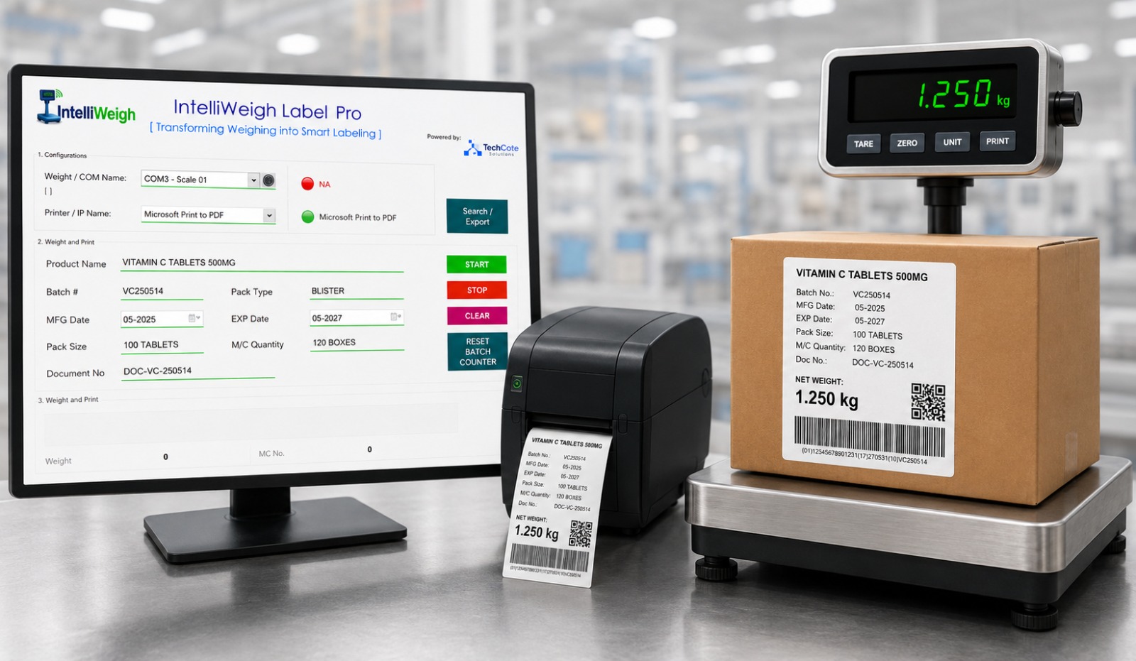 IntelliWeigh Label Pro Workstation Mockup - Monitor, Printer, Scales & Labeled Box