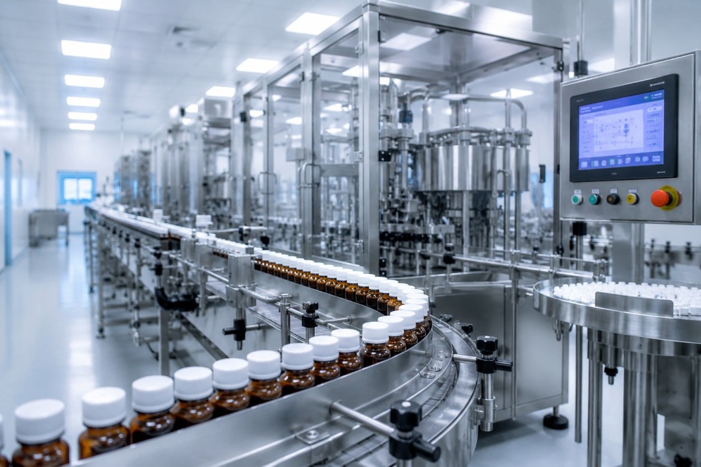 Pharmaceutical production line with bottles on conveyor belt