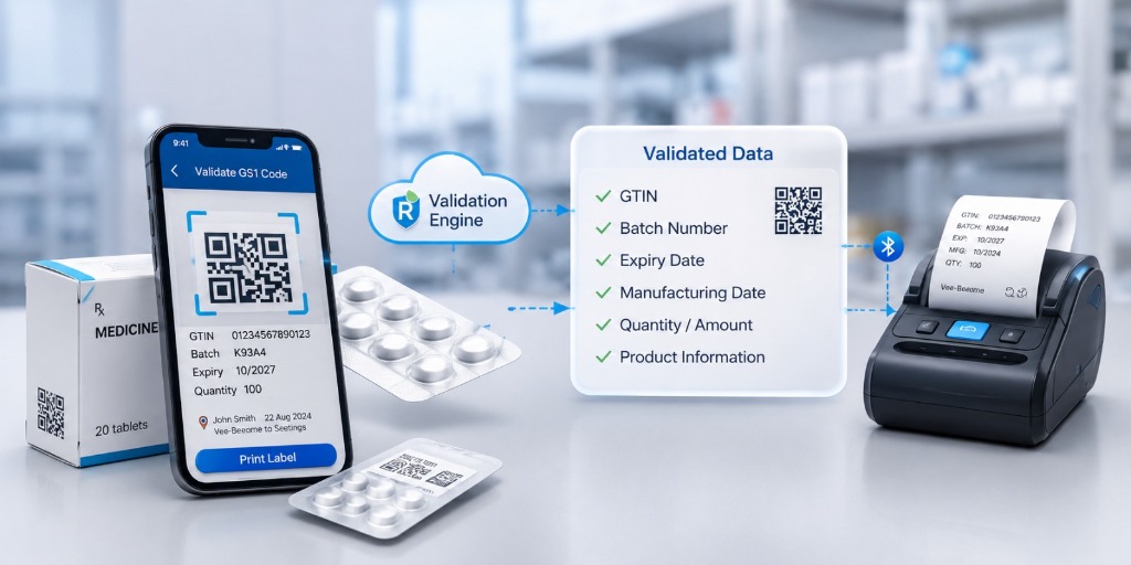 QA validation flow — scan GS1 code, cloud validation engine, validated data, Bluetooth printer output